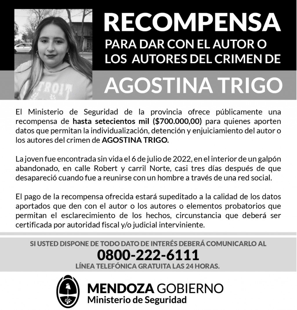 Ofrecen una recompensa de $700.000 por información sobre el femicidio de Agostina Trigo